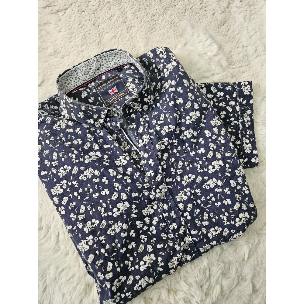 Guide London Button Down Shirt Mens Large Navy White Floral Stretch
